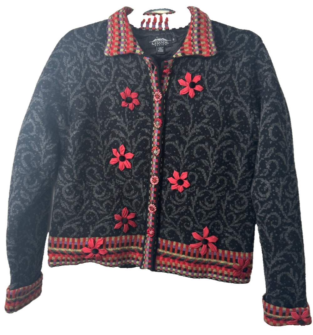 Icelandic Designs Womens Floral Tapestry Cardigan S Lambs Wool Art to Wear D45
